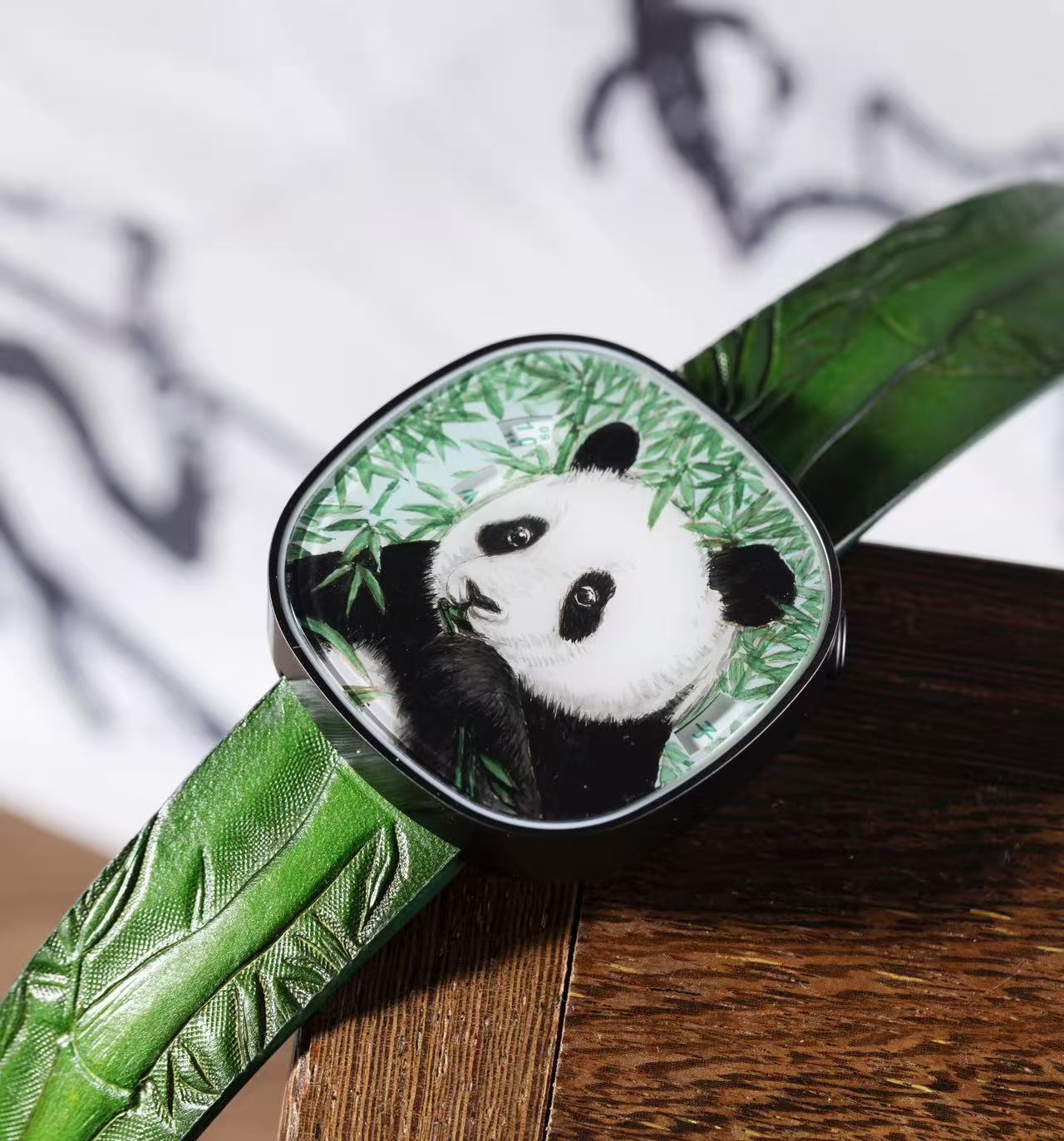 FA001 Manman Panda watch close-up on wood